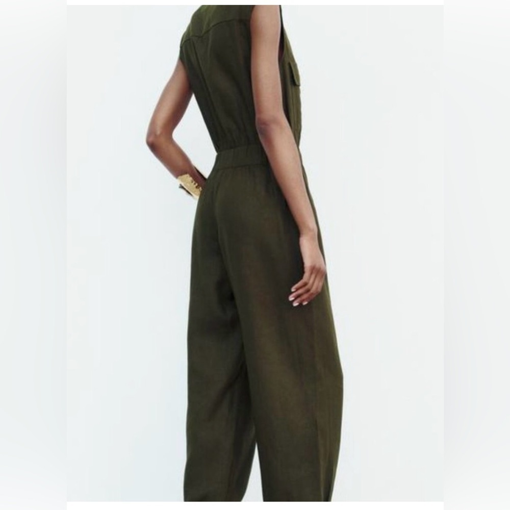 Zara Jumpsuit Dark Green Button-Up Linen Blend Size XL - Picture 5 of 15